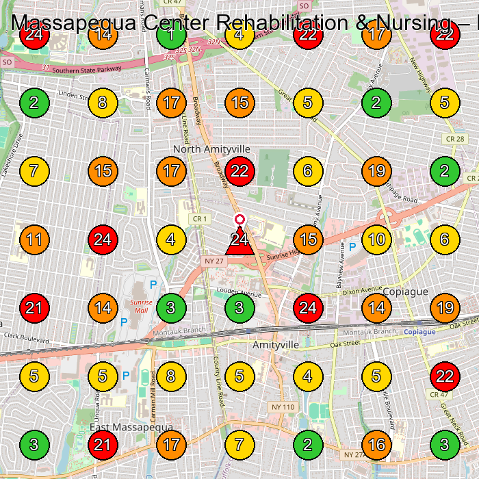Massapequa Center Rehabilitation & Nursing Rehabilitation Center GeoGrid ranking map for Amityville NY